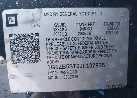 2018 Chevrolet Malibu 1Ls из США, поврежденный, VIN 1G1ZB5ST0JF107935